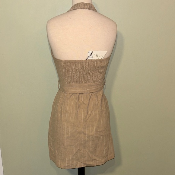 LOST & WANDER Chic tan/white striped Button-Down Halter Mini Dress size Small - Picture 6 of 13